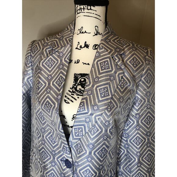 NEW Appleseeds Blazer Womens‎ 10 Blue White Suit Jacket Geometric Woven - Picture 4 of 10